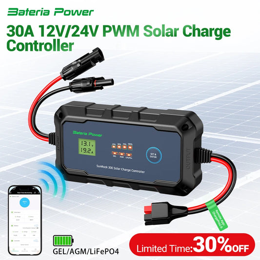 30A Solar Charge Controller 12V24V PWM Built-in BTAPP Control,Bateria Power Intelligent Plug and Play Portable Max PV 900W 55Voc