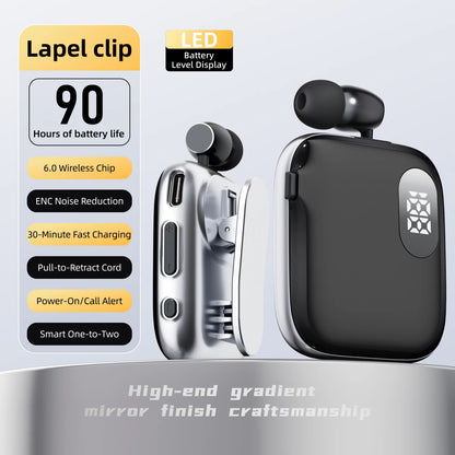 90H Playtime Bluetooth Headset V6 ENC Noise Canceling LED Power Display Retractable lapel clip Earphone for Meeting Driving K91