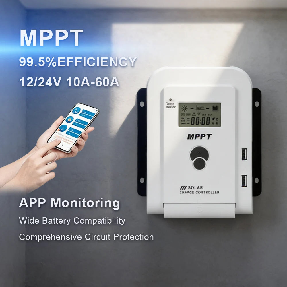 MPPT Solar Charge Controller 10A20A30A40A50A60A Smart LCD Charging 12V24V Auto Photovoltaic Controller Bluetooth