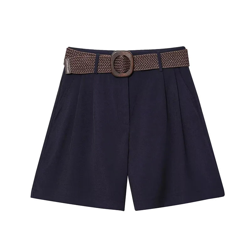 HH Women Elegant Turn-Down Collar Single-Breasted Shirts Top+Chic Mid Waist Belt Decoration Zipper Casual Shorts 2-Piece Set