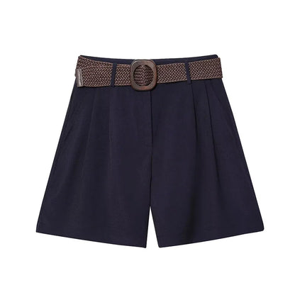 HH Women Elegant Turn-Down Collar Single-Breasted Shirts Top+Chic Mid Waist Belt Decoration Zipper Casual Shorts 2-Piece Set