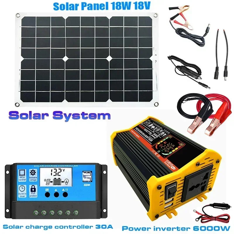 110/220V Solar Power System 18W Solar Panel Battery Charge 30A Controller 6000W 12V 220V Inverter Complete Power Generation Kit