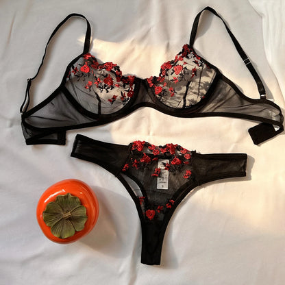 Women Sexy Emotional Underwear Set Exotic Embroidered Printed Brassiere Push-Up Thin Bralette Lingerie Sleepwear Set