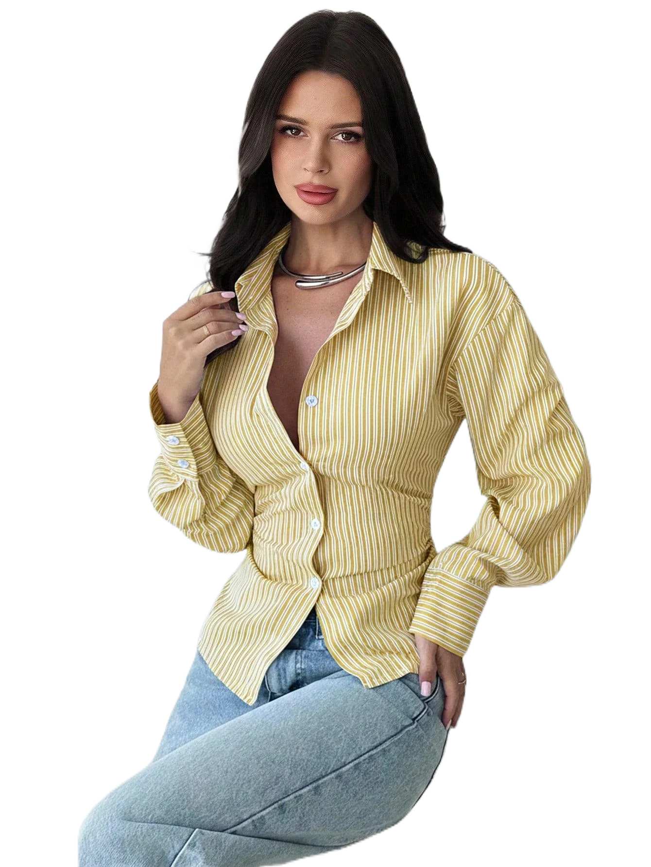 Autumn New Women's Long-sleeved Shirts Waist Striped Lapels Fashion and Versatile Commuting Casual Tops Inner Blouses for Female