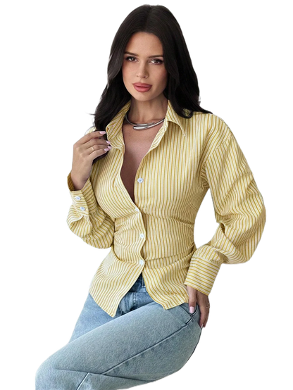 Autumn New Women's Long-sleeved Shirts Waist Striped Lapels Fashion and Versatile Commuting Casual Tops Inner Blouses for Female