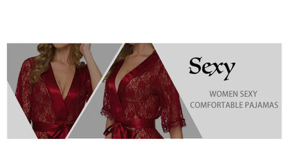 New Hot Sexy Women Floral Lace Lingerie V-Neck Sheer Mesh Nightgown Comfortable Ladies Kimono Nightdress Sleepwear