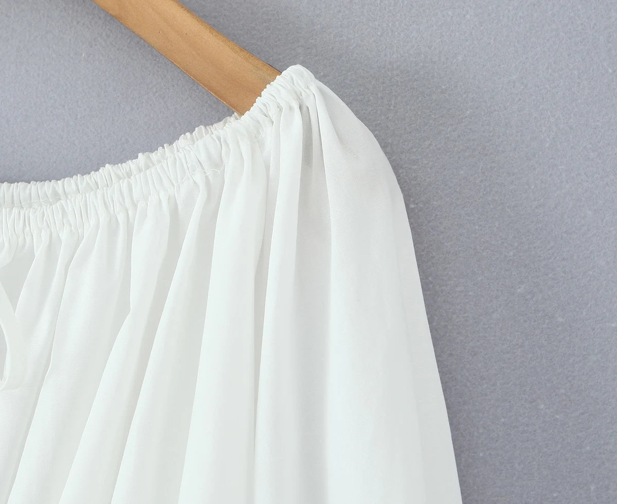 2 pieces 1 set Spring Summer White Elastic Slash Shoulder Lantern Sleeve Shirt + Wood ears Elastic Waist BUD Mini Shorts Suits
