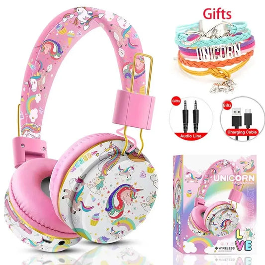Unicorn Kids Headphones Bluetooth Headset Wireless & 3.5mm Wired Headsets Stereo Music Headphones for School Travel with Gifts