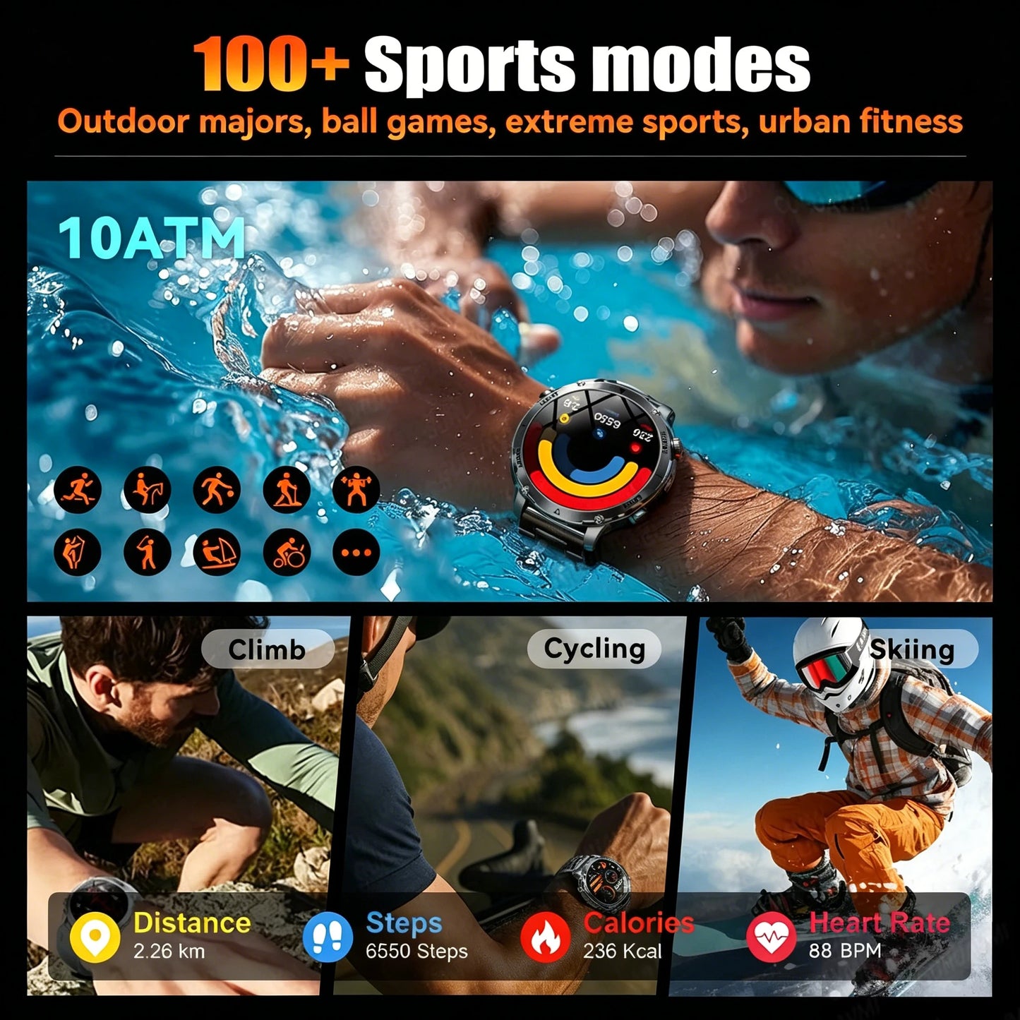 Smart Watch IP68 Waterproof Sports Run tracker Outdoors Compass Military Smartwatch