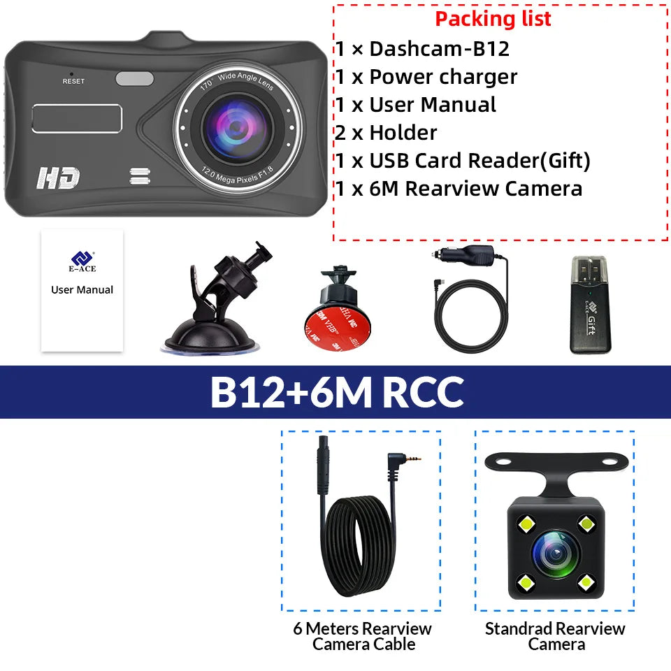 E-ACE 1080P Car DVR B12 Dash Cam Touch Sensitive Dash Camera WDR G sensor Night Vision Optional Rear Lens Hidden Dashcam