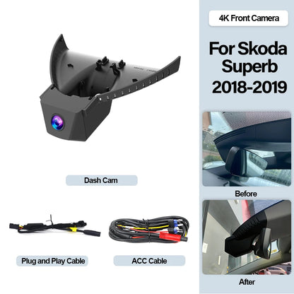 Plug and Play Night Vision Dash Cam Dual Lens UHD 4K Car DVR Camera Recorder For Skoda Superb TSI280 TSI380 TSI330 DSG 2018 2019