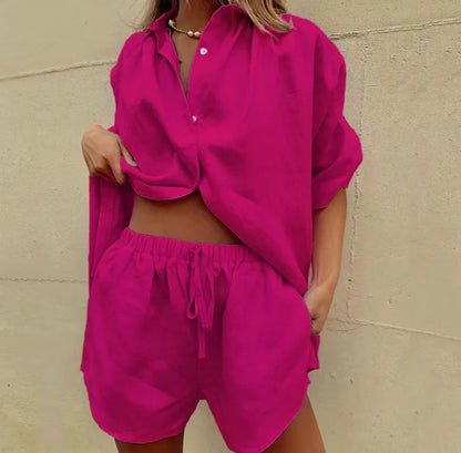 2024 Summer New Women's 2-piece set Solid Single breasted Short sleeve Shirt Two piece Set Wide Leg Lace-up Shorts For Women