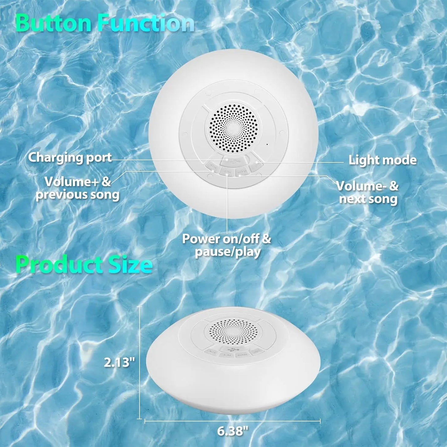 IPX7 Waterproof Bluetooth Speaker with RGB Lights, Floating Pool Speaker for Shower, Beach, Hot Tub, Wireless Portable Audio