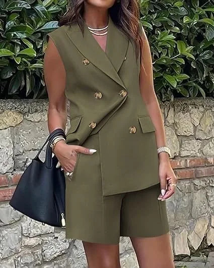 Fashionable Backless Button Sleeveless Top + Shorts Two-piece Sets Women Summer Casual Loose Lapel Shirt Shorts Set For Women