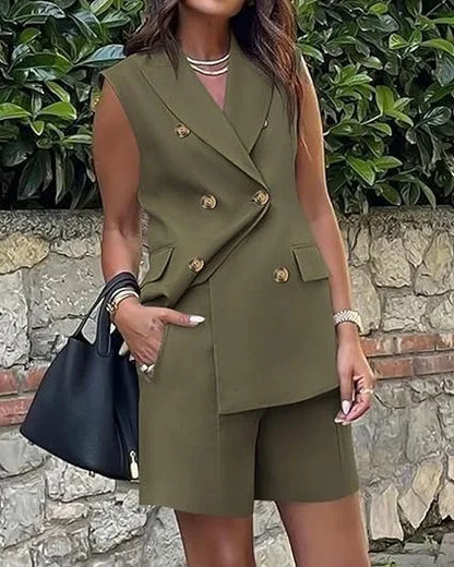 Fashionable Backless Button Sleeveless Top + Shorts Two-piece Sets Women Summer Casual Loose Lapel Shirt Shorts Set For Women