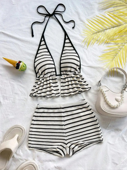 Women's Summer Sexy Contrasting Lace Up Backless Lace Up Top and Shorts Two-Piece Set, Striped Beach Holiday Style