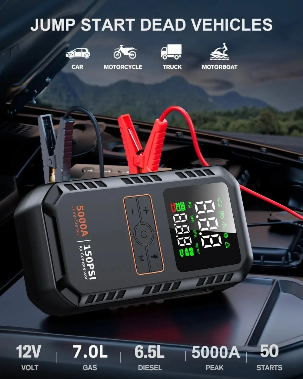 PAIVIROKU 5000A Car Jump Starter with Air Compressor 150PSI Tire Inflator, Portable Battery Booster for Cars, Bike & Motorcycle