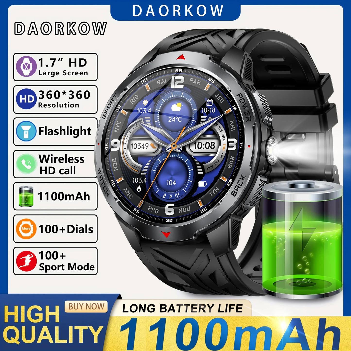Smart Watch LED Flashlight Outdoor KT88 Compass Wireless call Men Multi-Sport