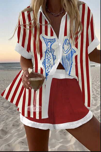 Casual Women Printed Blouse Shorts Two Pieces Sets Lapel Short Sleeve Button Shirt Suit Female New Summer Beach Holiday Outfits
