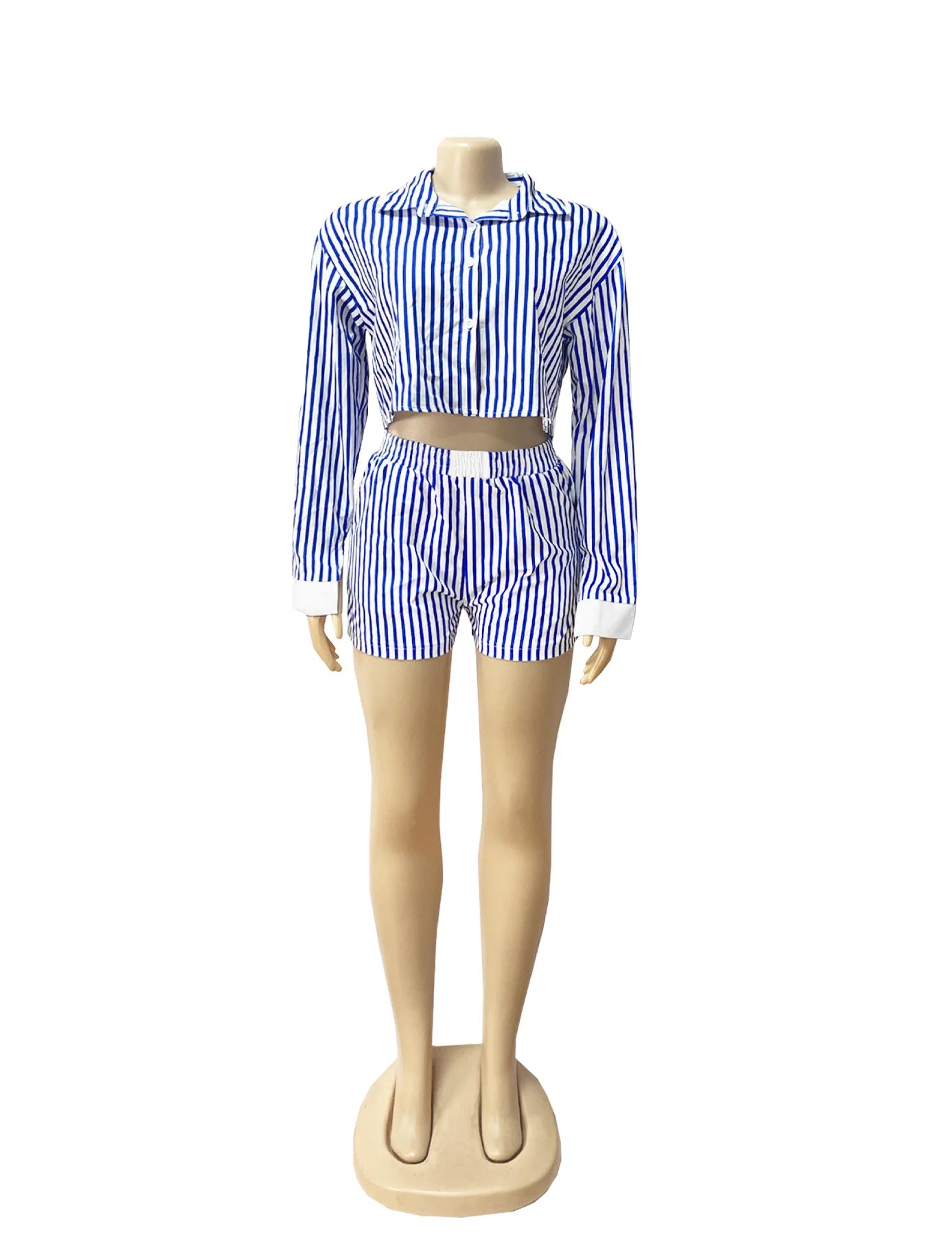 HLJ Spring Summer Ladies Shorts Outfits Stripes Crop Shirt Top + Shorts Two Piece Set Casual Matching Women 2 Piece Clothing Set