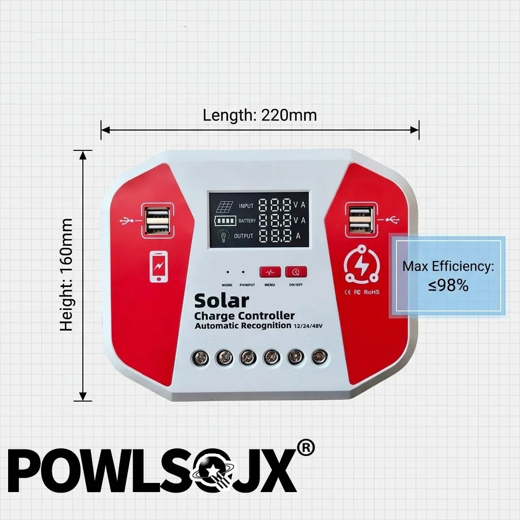 POWLSOJX Solar Charge Controller 30A 40A 60A 80A 100A 12V 24V 48V Auto PV Regulator with LCD Display 4 USB for Lead Acid Li