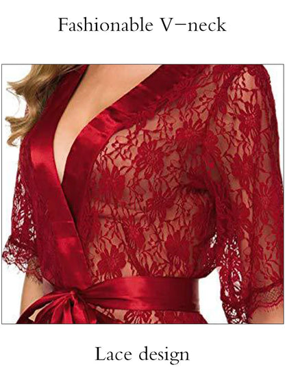 New Hot Sexy Women Floral Lace Lingerie V-Neck Sheer Mesh Nightgown Comfortable Ladies Kimono Nightdress Sleepwear