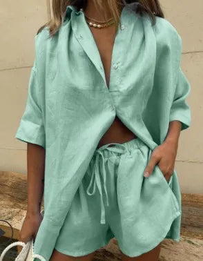 2024 Summer New Women's 2-piece set Solid Single breasted Short sleeve Shirt Two piece Set Wide Leg Lace-up Shorts For Women