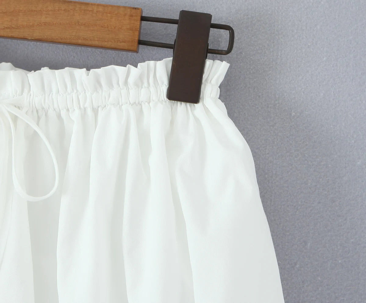 2 pieces 1 set Spring Summer White Elastic Slash Shoulder Lantern Sleeve Shirt + Wood ears Elastic Waist BUD Mini Shorts Suits