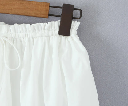 2 pieces 1 set Spring Summer White Elastic Slash Shoulder Lantern Sleeve Shirt + Wood ears Elastic Waist BUD Mini Shorts Suits