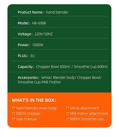 Wancle Electric Immersion Hand Blender Mixer 1000W 5 in 1 Powerful Kitchen Blender for Egg Whisk Meat Grinder Food Processor