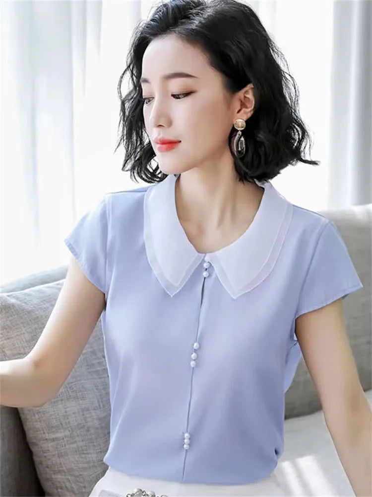 Women Spring Summer Style Blouses Shirts Lady Casual Short Sleeve Peter Pan Collar Blue Pink Blusas Tops