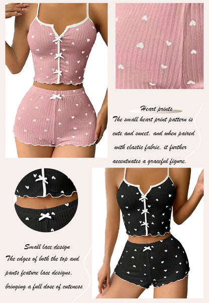 Women's Pajama Set Heart Print Soft Ribbed Fabric Sleepwear with Flirty Frill Trim Casual Cami Top and Shorts Sets Loungewear