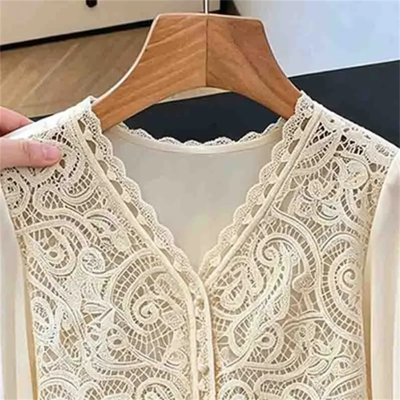 White Lace Blouse Patchwork Shirt Long Sleeved Top luxury Temperament Shirt Hollow Lacey Blous Vneck Ladies Blouses