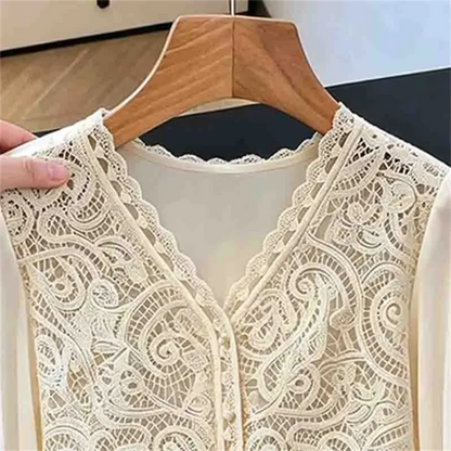 White Lace Blouse Patchwork Shirt Long Sleeved Top luxury Temperament Shirt Hollow Lacey Blous Vneck Ladies Blouses