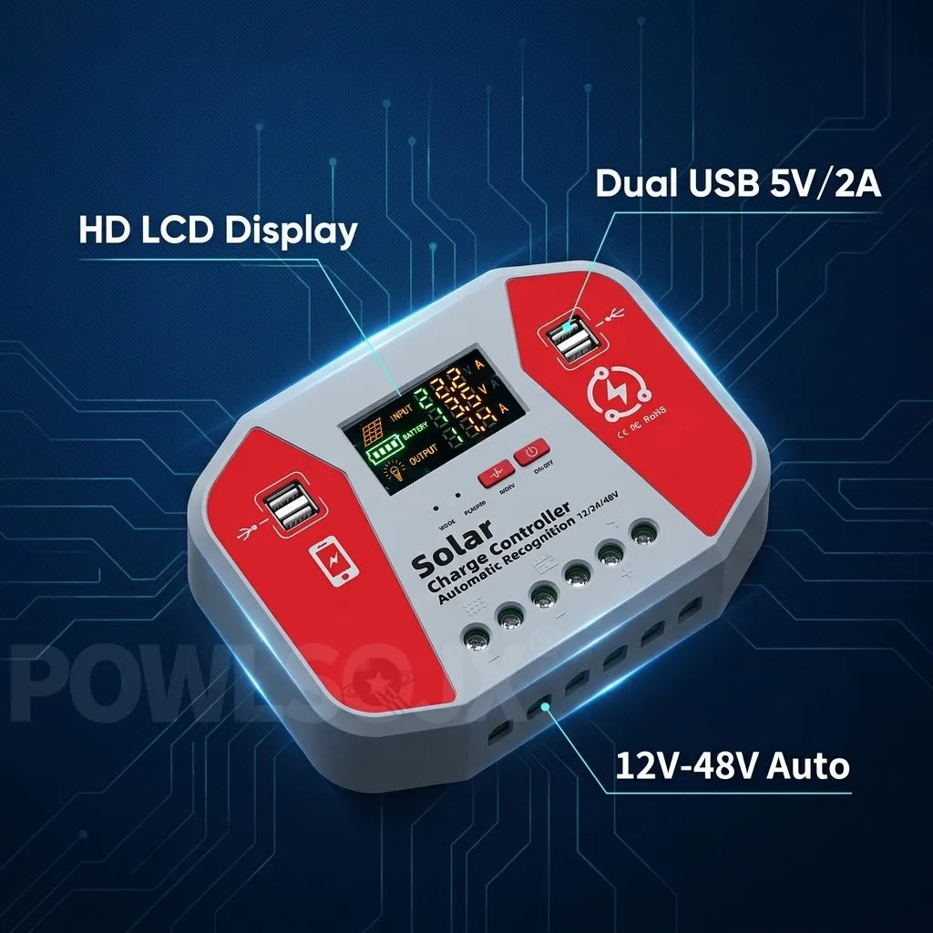 POWLSOJX Solar Charge Controller 30A 40A 60A 80A 100A 12V 24V 48V Auto PV Regulator with LCD Display 4 USB for Lead Acid Li