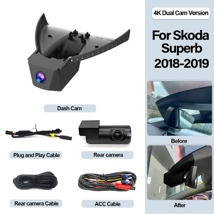 Plug and Play Night Vision Dash Cam Dual Lens UHD 4K Car DVR Camera Recorder For Skoda Superb TSI280 TSI380 TSI330 DSG 2018 2019