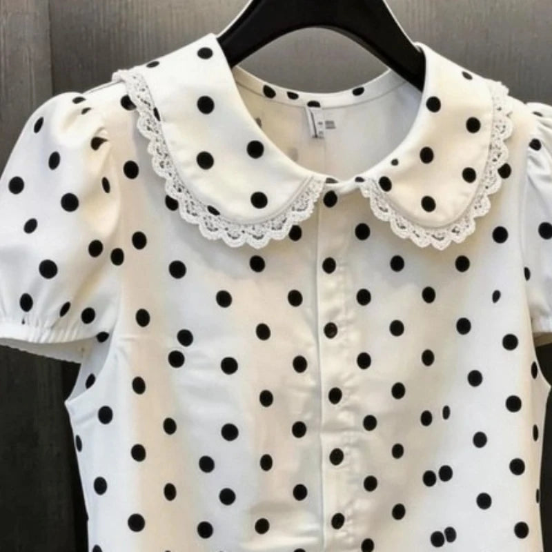 Summer Women's Doll Collar Short-sleeved Blouse Dot Pattern Elegant Lace Trim Sweet Buttons Shirts Tees Korean-style Chic Shirt