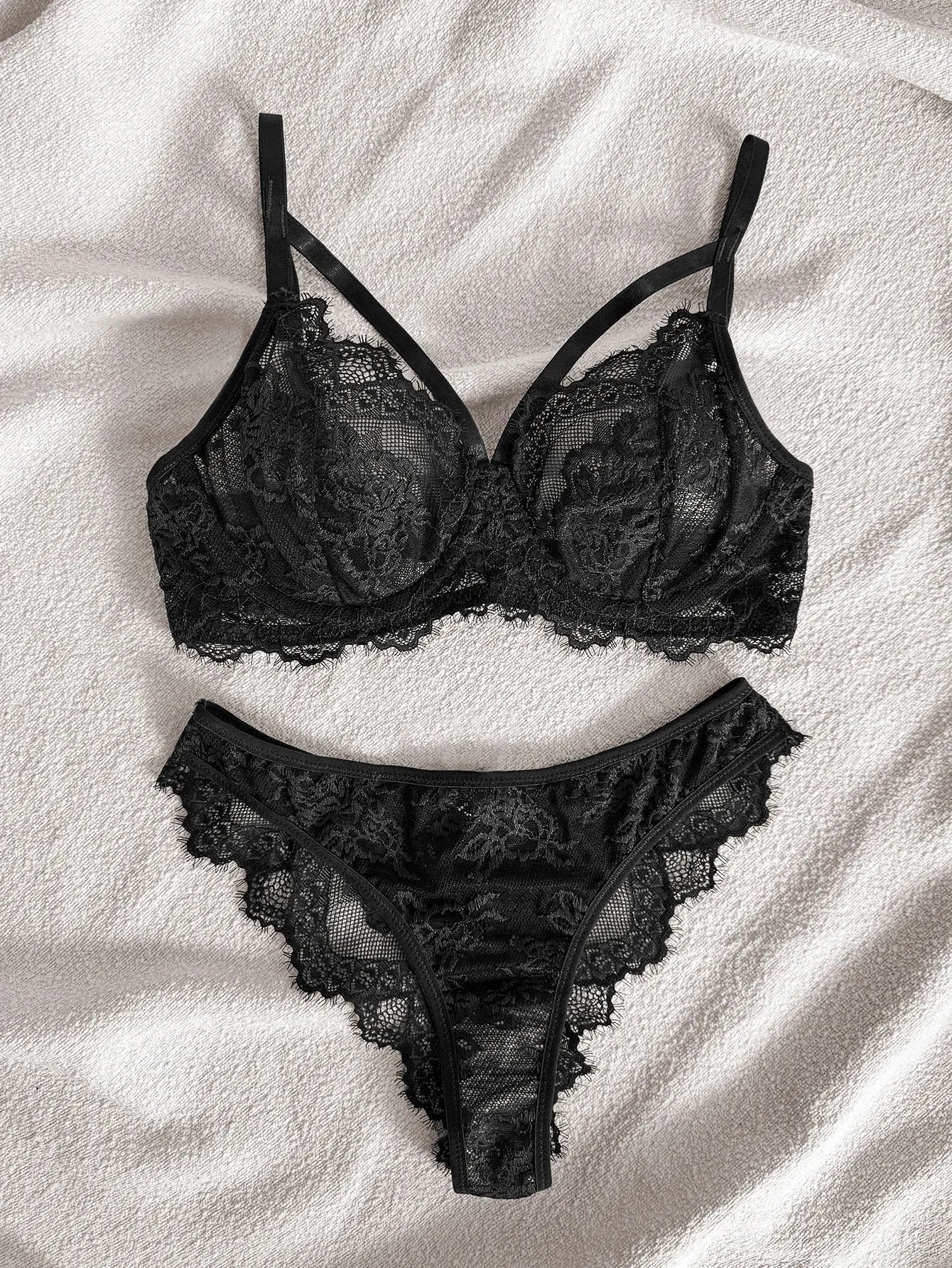 Women's Sexy Push Up Bra & Brazilian Panties Set - Lace Underwire Sheer Mesh Lingerie, Adjustable Straps Comfort Fit for Daily