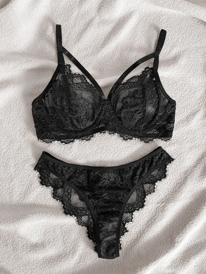 Women's Sexy Push Up Bra & Brazilian Panties Set - Lace Underwire Sheer Mesh Lingerie, Adjustable Straps Comfort Fit for Daily