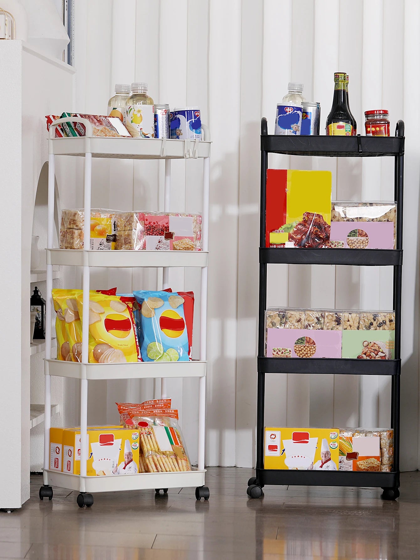 Plastic Rolling Utility Cart with Handle Storage Trolley for Office, Living Room, Kitchen, Movable Storage Organizer with Wheel