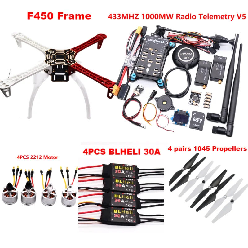 PixHawk2.4.8 Flight Control F450 Drone Kit Ardupilot 100MW Radio Telemetry Quadcopter BLHELI 30A 2212 Motor ESC Landing Gear