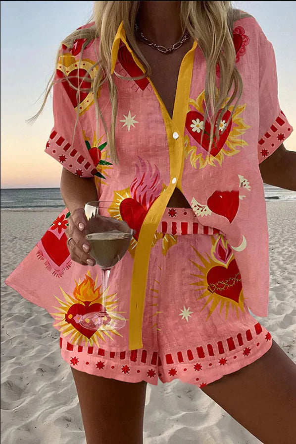 Casual Women Printed Blouse Shorts Two Pieces Sets Lapel Short Sleeve Button Shirt Suit Female New Summer Beach Holiday Outfits