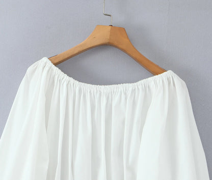 2 pieces 1 set Spring Summer White Elastic Slash Shoulder Lantern Sleeve Shirt + Wood ears Elastic Waist BUD Mini Shorts Suits