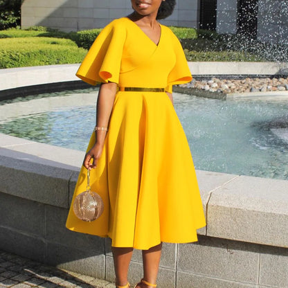 Elegant Dresses for Women V Neck Flare Sleeve High Waisted Pleated A Line Mid Calf Luxury Birthday Party Dinner Vestidos Mujer