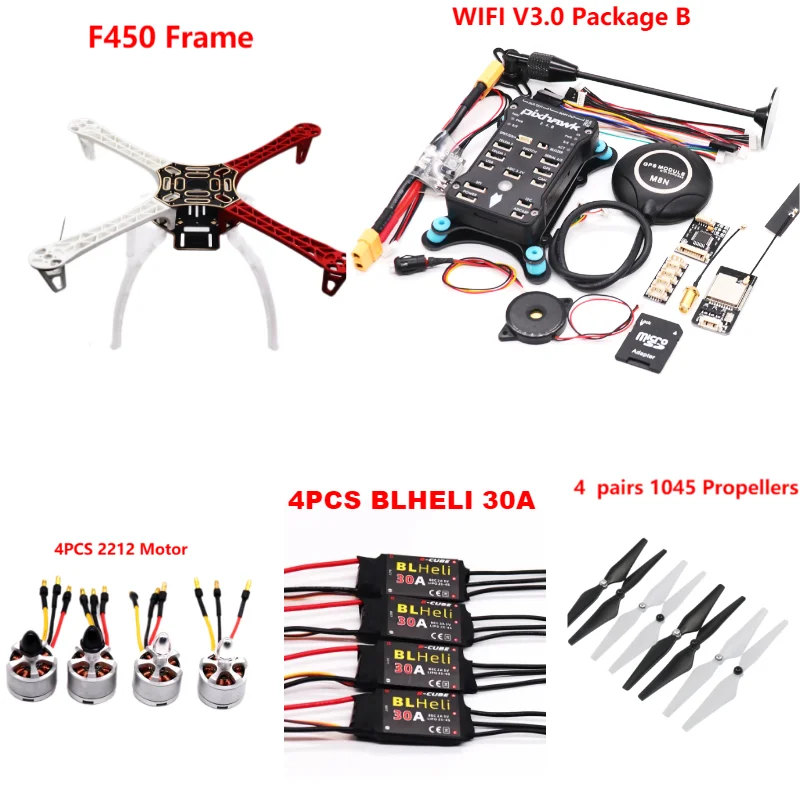 PixHawk2.4.8 Flight Control F450 Drone Kit Ardupilot 100MW Radio Telemetry Quadcopter BLHELI 30A 2212 Motor ESC Landing Gear