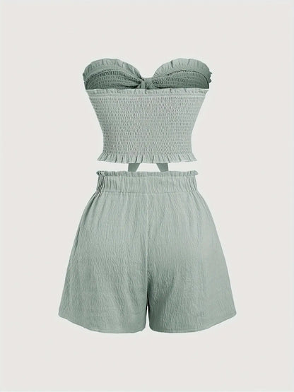 Simple, Beachy Style, Romantic Seaside. Date Outfit Featuring a Top with Gathered Details and Shorts, a Two-Piece Set for Women.