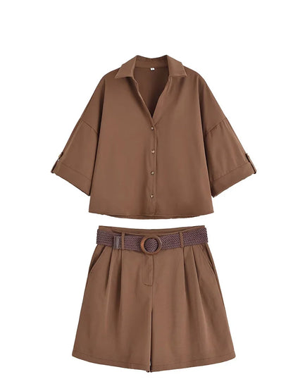 HH Women Elegant Turn-Down Collar Single-Breasted Shirts Top+Chic Mid Waist Belt Decoration Zipper Casual Shorts 2-Piece Set