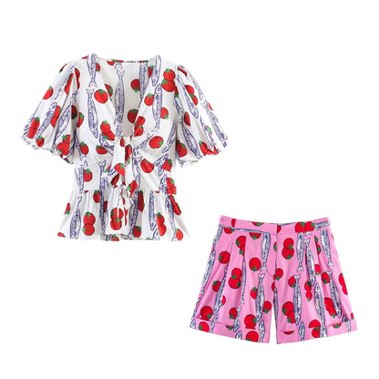Willshela Women Fashion 2 Piece Set Printed Bow Lace Up Shirts & Vintage Front Zipper Mini Shorts Female Chic Lady Shorts Sets