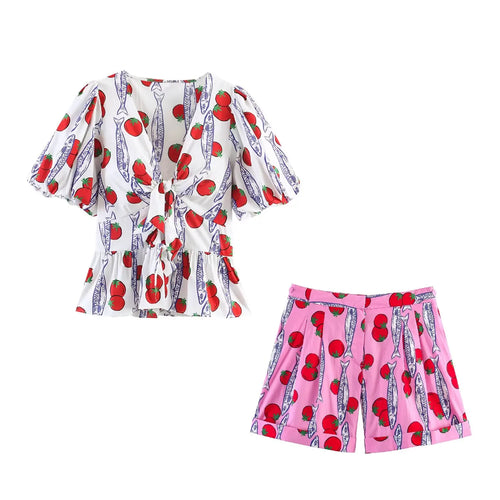 Willshela Women Fashion 2 Piece Set Printed Bow Lace Up Shirts & Vintage Front Zipper Mini Shorts Female Chic Lady Shorts Sets