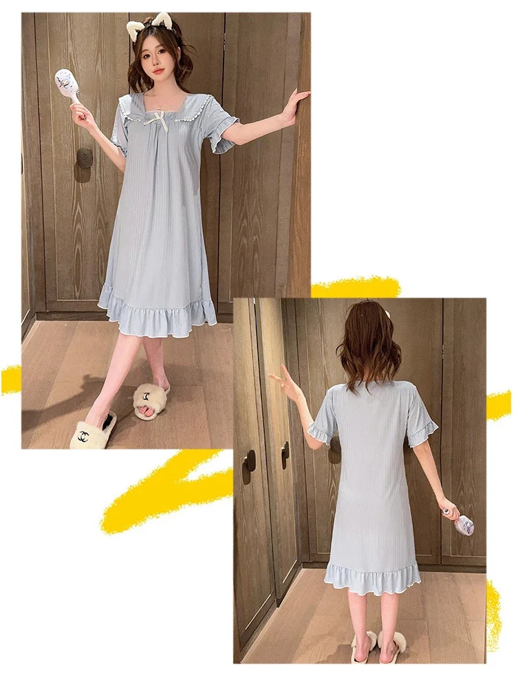 Hot Summer Plus Size Sexy Lace V-neck Short Sleeve Cotton Nightgowns for Women Cute Sleepwear Night Dress Nightdress Home Nighty